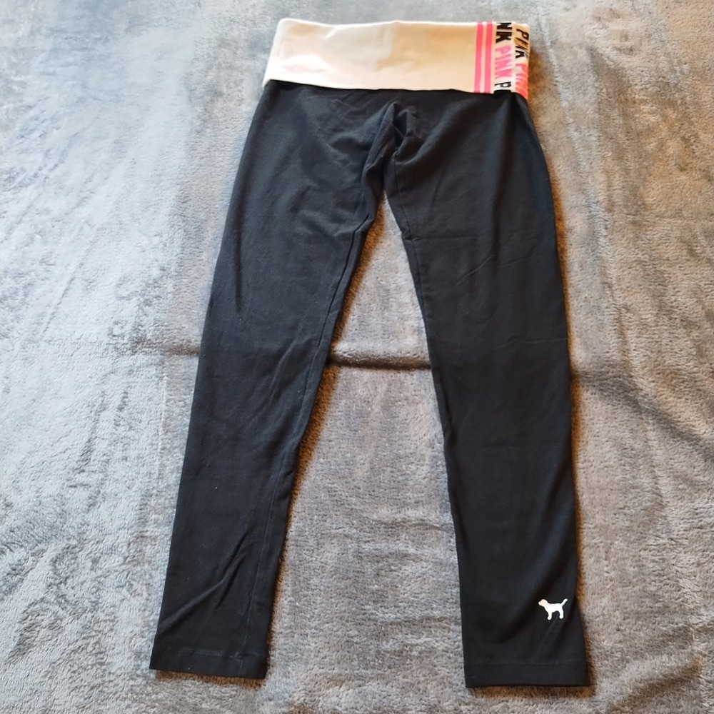 Pink Victoria's Secret Yoga Leggings Black White‎ Foldover Waist Women's SM Y2K